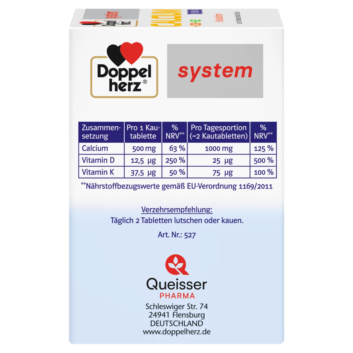 Abbildung der Produktverpackung Doppelherz system CALCIUM 1000 + D3 + K2 Seitenansicht links